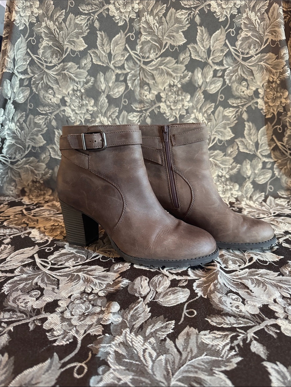 Clarks Brown Leather Ankle Boots with Block Heel and Buckle